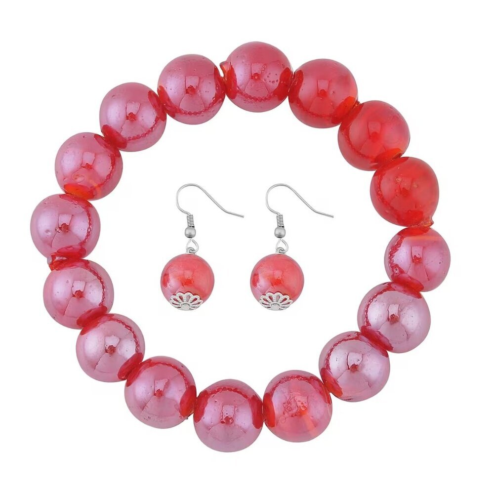 Red Color Beaded Stretch Bracelet and Dangle Earrings in Stainless Steel